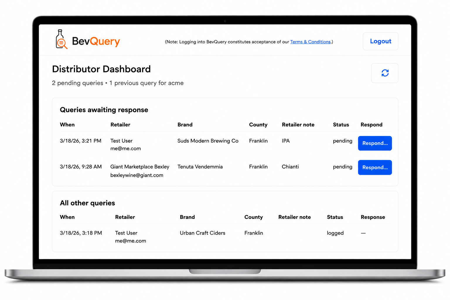 BevQuery distributor dashboard showing pending retailer inquiries and response buttons