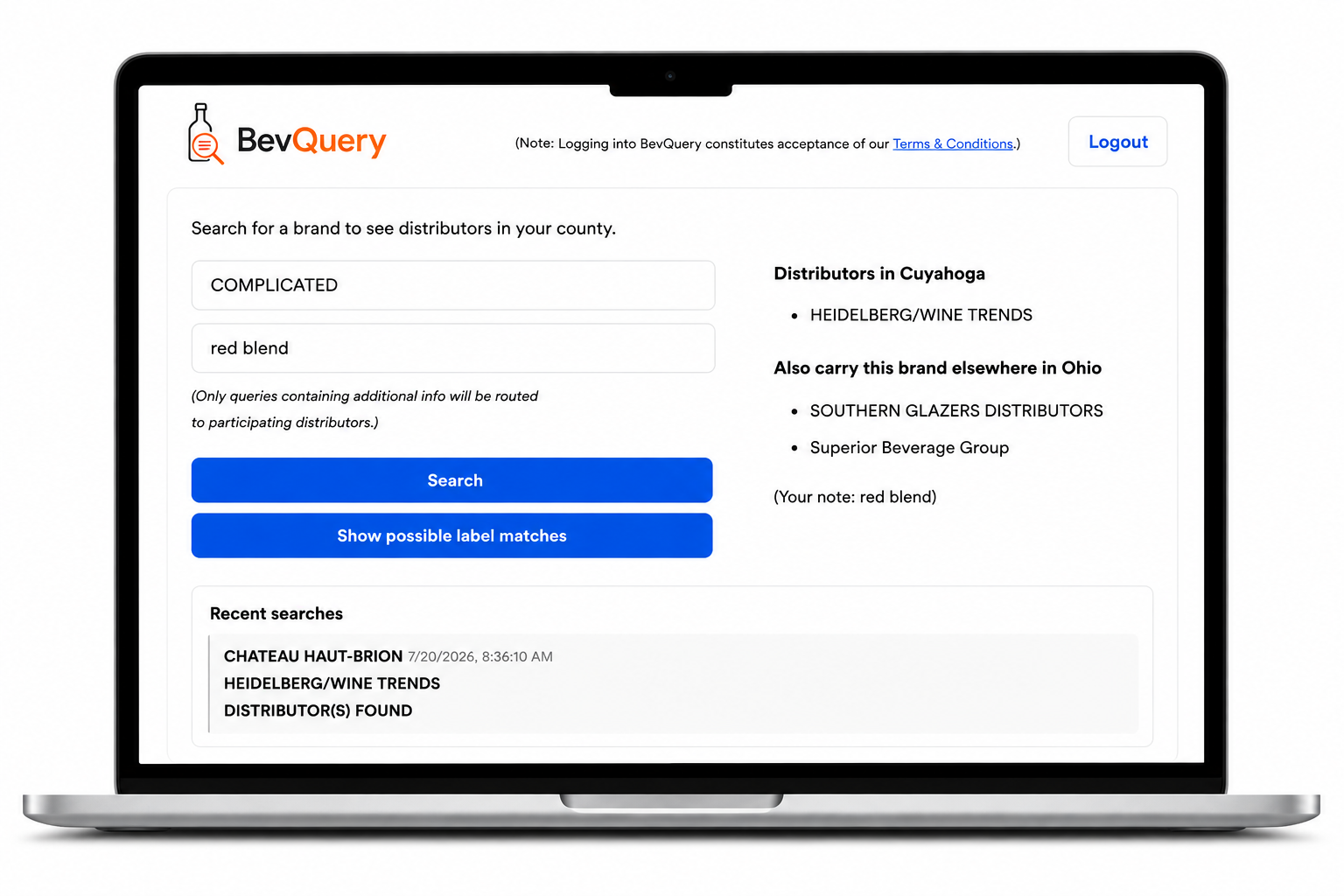 BevQuery brand search screen with recent searches