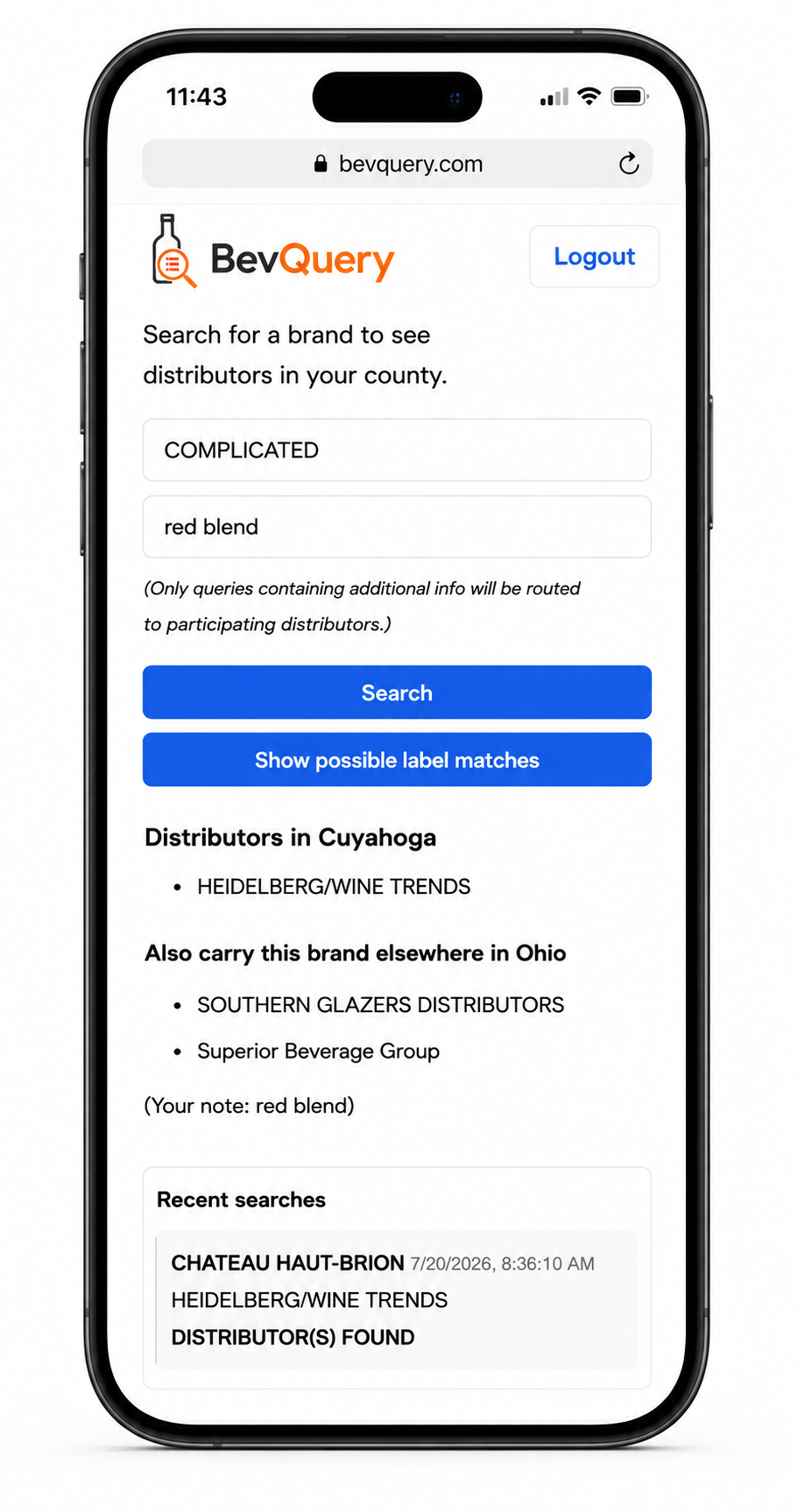 BevQuery results showing local and statewide distributor representation